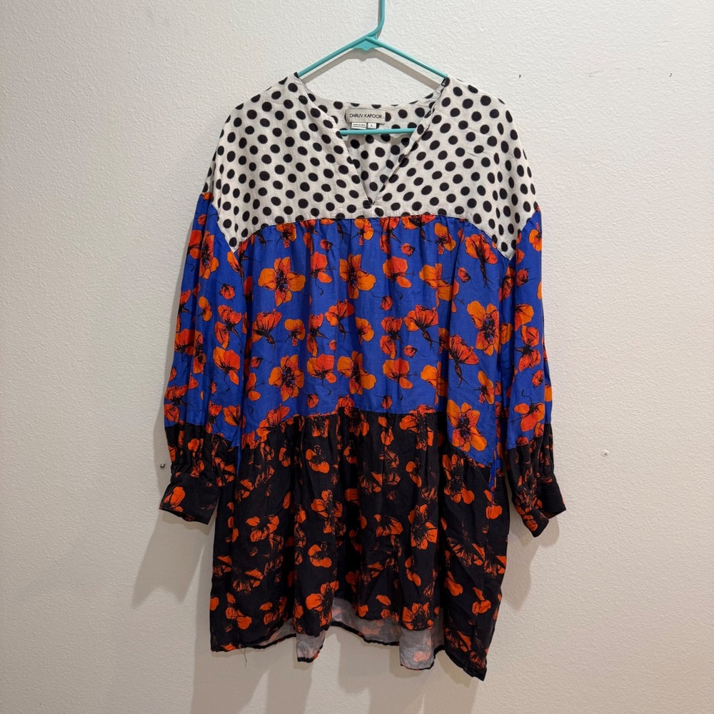 Dhruv Kapoor Mixed Print Floral Polka Dot Linen Viscose Tunic Mini Dress Large